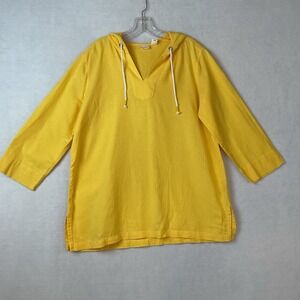 Westbound Pullover Top Womens L Yellow Hood Linen Cotton Blend 3/4 Sleeves